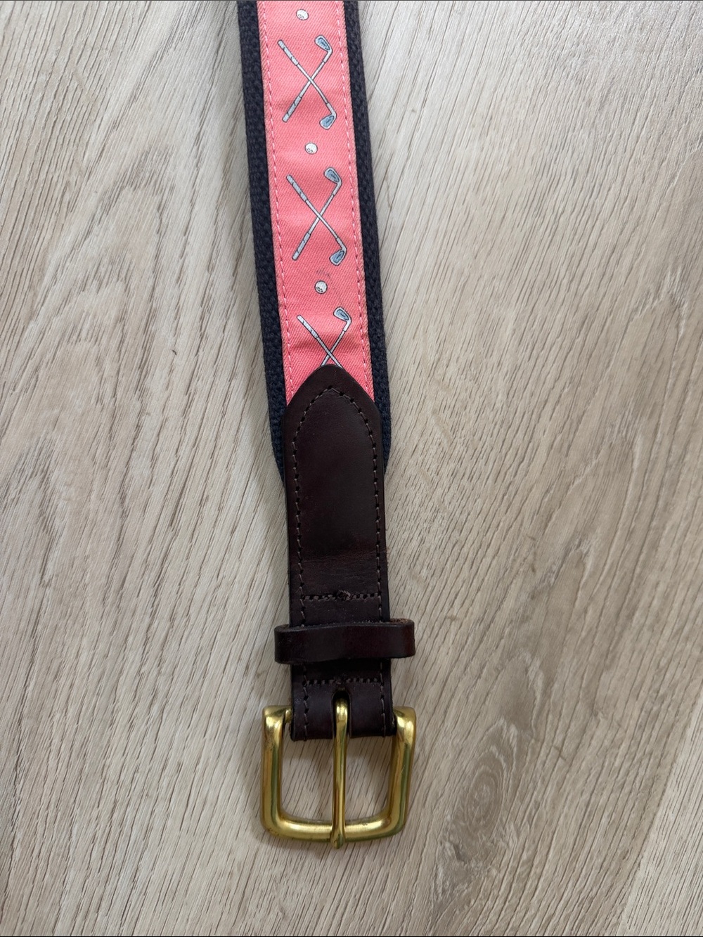 Pink Golf-Embroidered Leather Trim Belt - Men’s 32